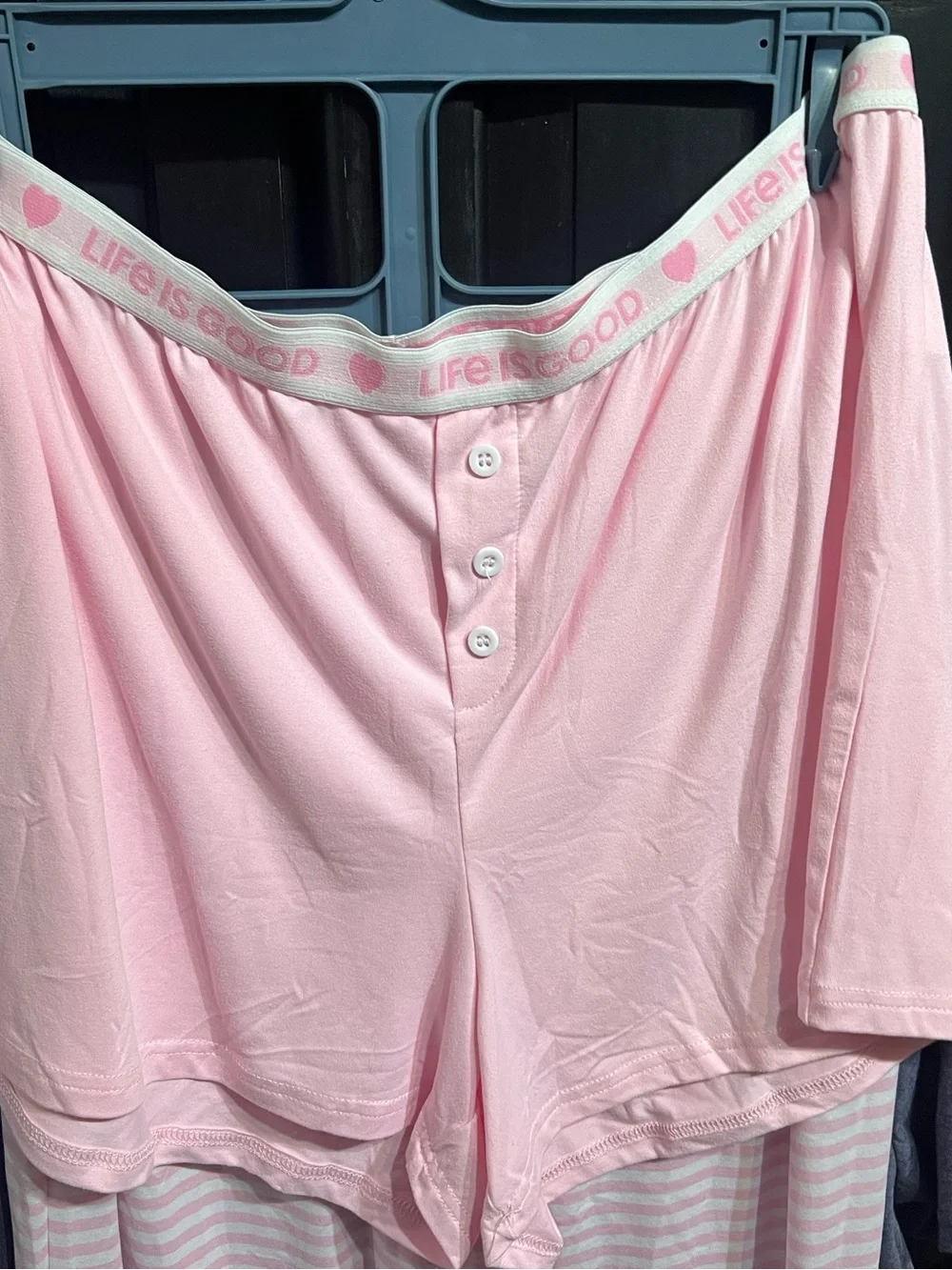Life Is Good Women’s Navy Short Sleeve Tee with Pink Stripe 3 Piece Pajama Set